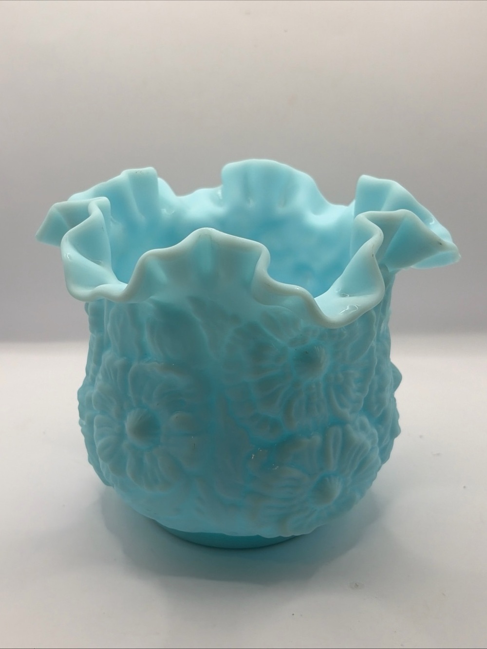 Fenton Blue Satin Poppy Design Glass Bowl Vase w Crimped Ruffled Edges Vintage